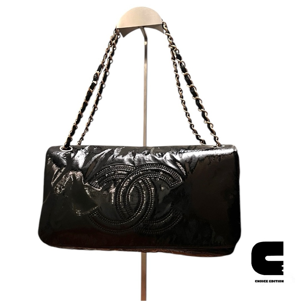 SOLD***Chanel Classic Black Patent Flap Bag Rock & Chain Shoulder Bag